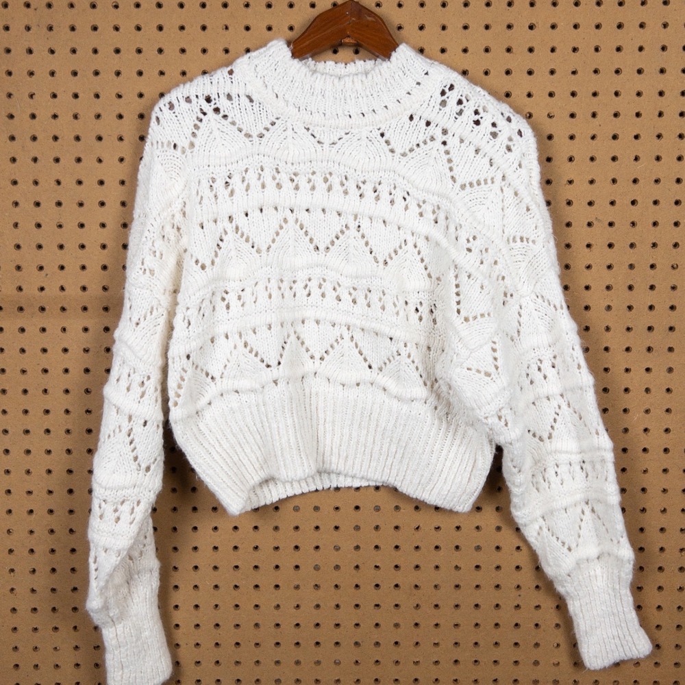 AQUA White Pointelle Knit Cropped Mock‎ Neck Sweater XS Open Knit Geometric